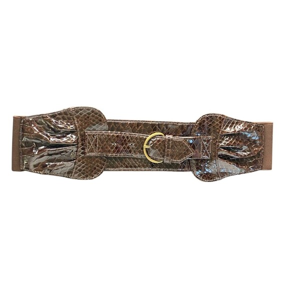 Vintage 80's 90's Wide Brown Elastic Belt S/M Faux Snakeskin Ren Faire Steampunk - Picture 1 of 8